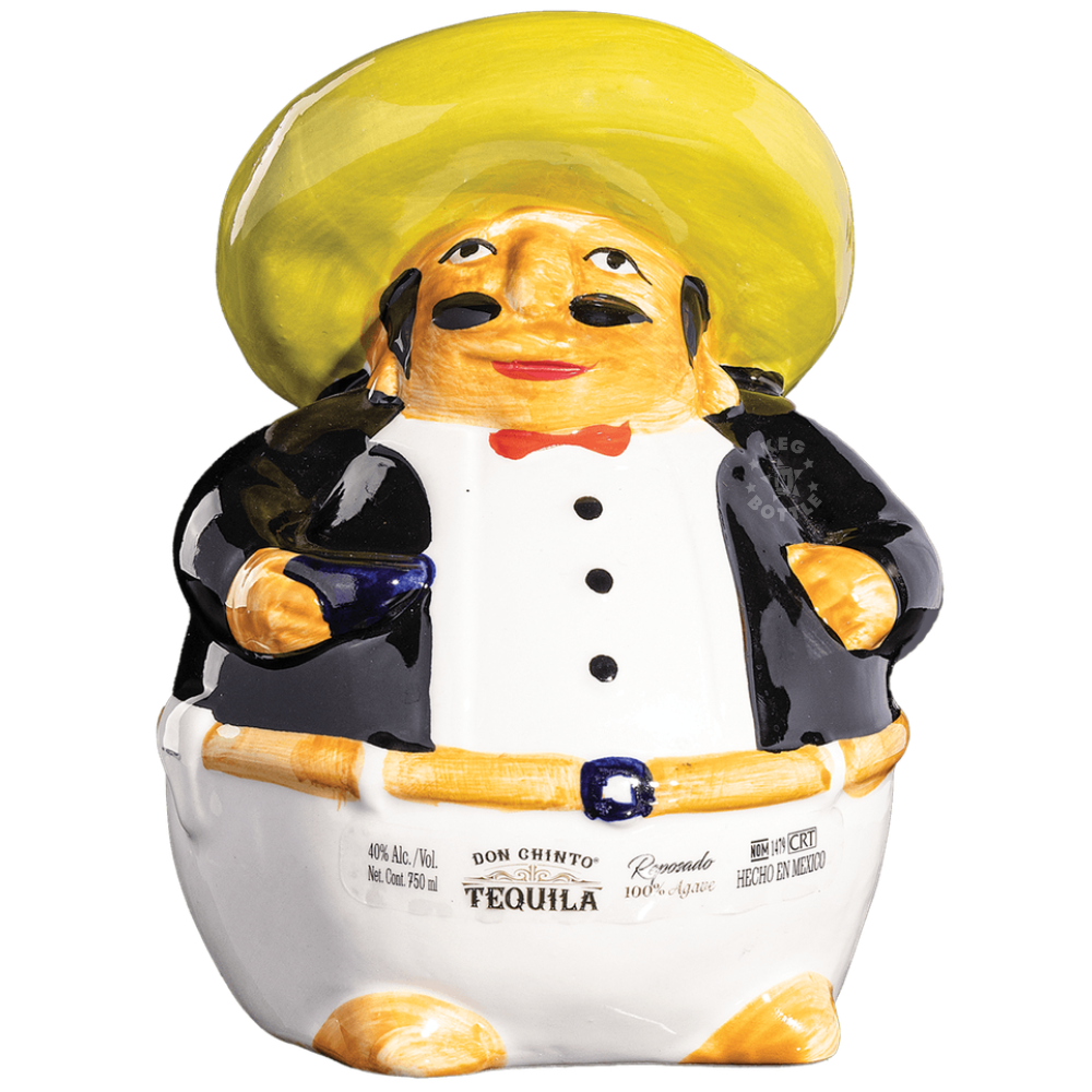 Don Chinto Mexican Hombre Reposado Tequila 750mL handcrafted ceramic decanter featuring a Mexican gentleman wearing a sombrero, available in Black or Yellow, shipped randomly based on availability.