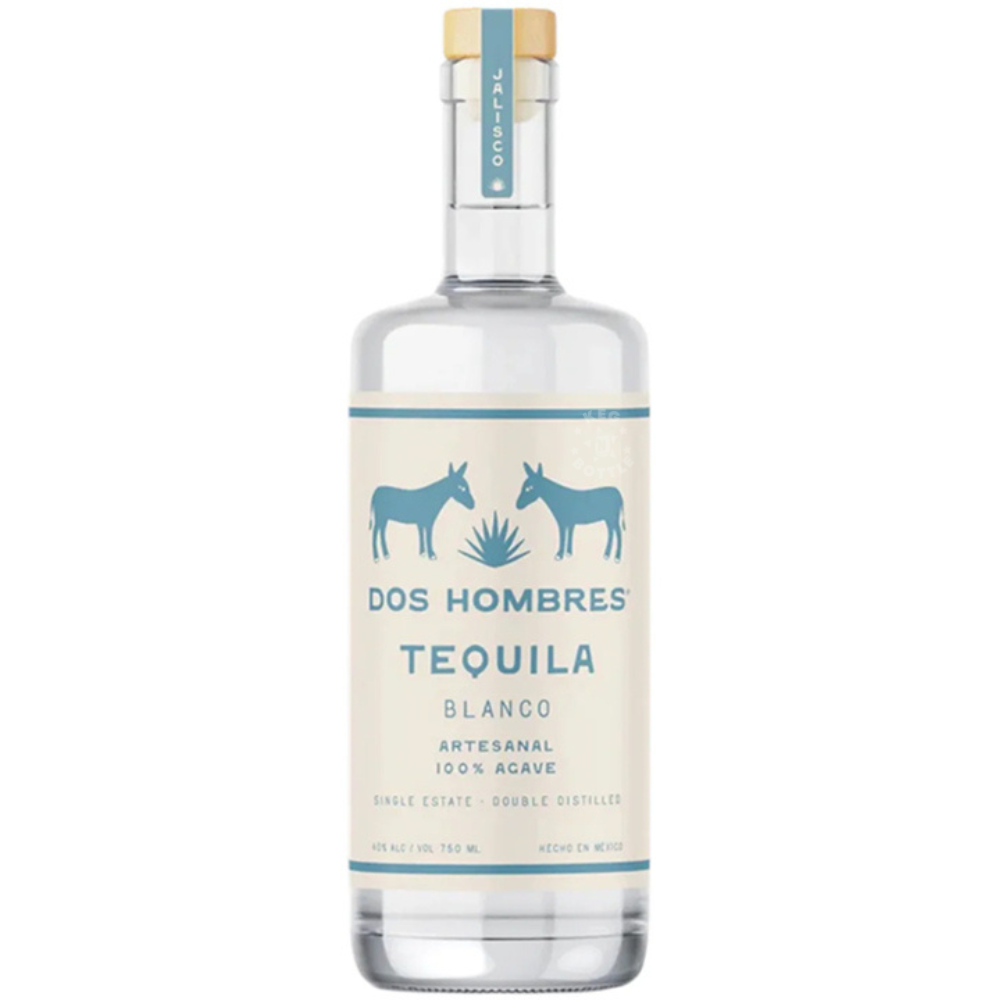 Dos Hombres Tequila Blanco 750mL bottle crafted from 100% Blue Weber Agave using traditional artisanal distillation methods.
