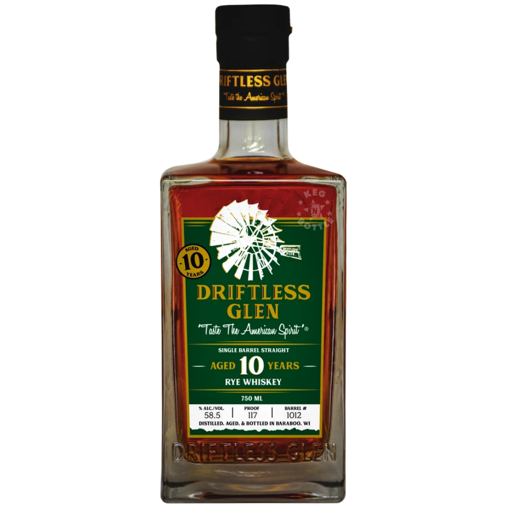 Driftless Glen 10-Year Single Barrel Straight Rye Whiskey 750mL bottle, aged 10 years and bottled at 117 proof in Baraboo, Wisconsin.