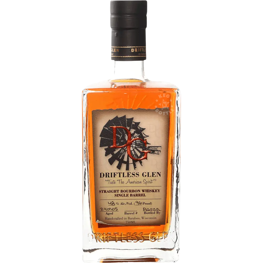 Driftless Glen Single Barrel Straight Bourbon Whiskey 750mL bottle, handcrafted in Baraboo, Wisconsin and bottled at 96 proof.