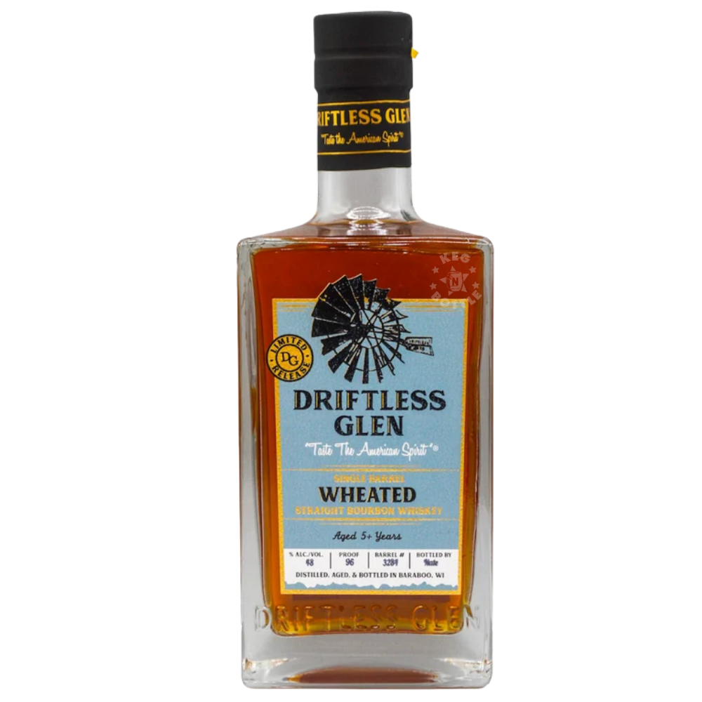 Driftless Glen Single Barrel Wheated Straight Bourbon Whiskey 750mL bottle, aged 5+ years and bottled at 96 proof in Baraboo, Wisconsin.