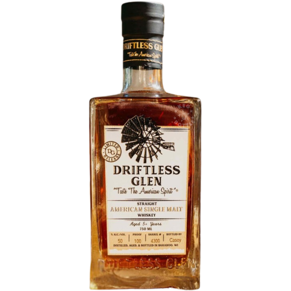 Driftless Glen Straight American Single Malt Whiskey 750mL bottle, aged 5+ years and bottled at 100 proof in Baraboo, Wisconsin.