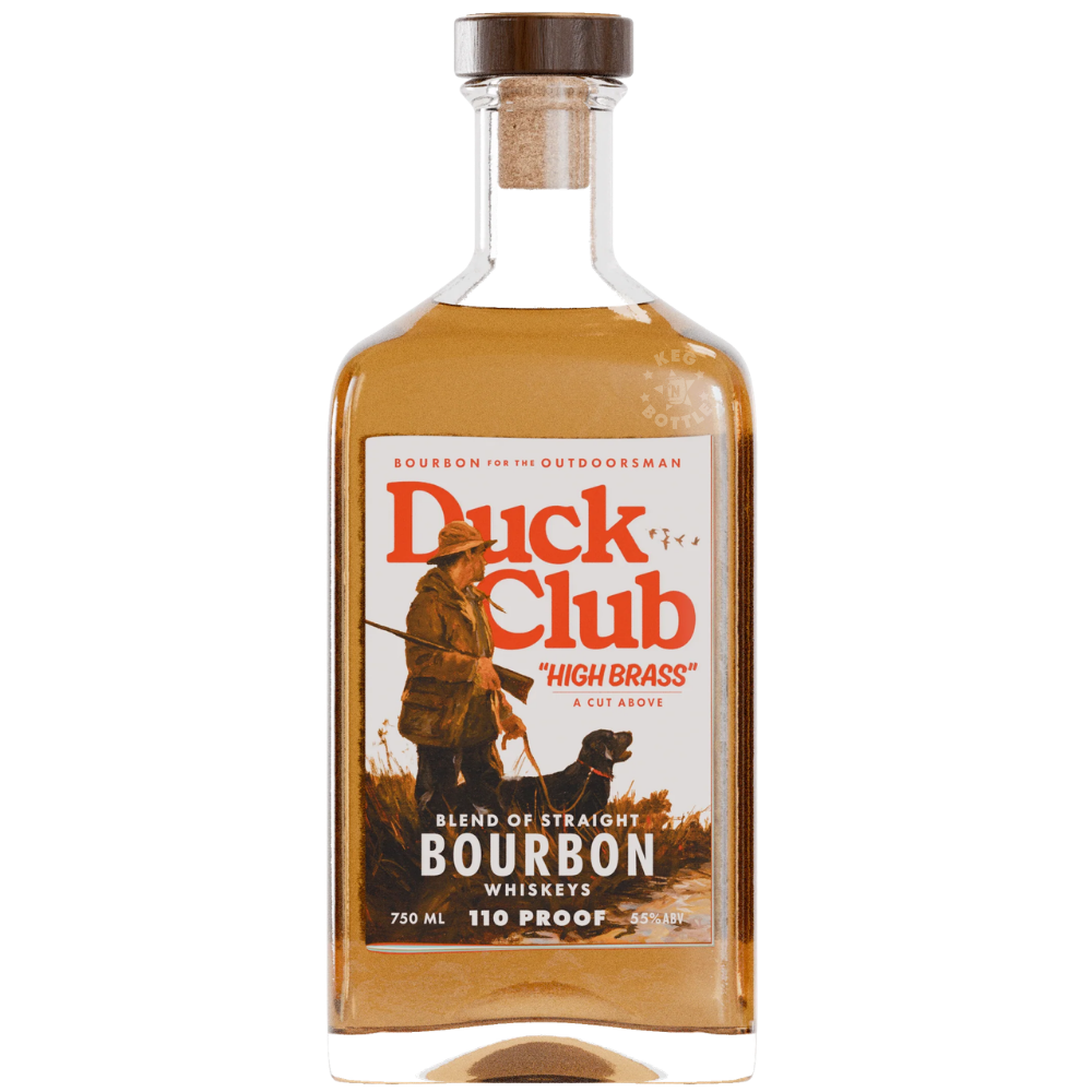 Duck Club High Brass Blend of Straight Bourbon Whiskeys 110 Proof 750mL bottle featuring an outdoorsman with a hunting dog, amber whiskey, and a vintage hunting-inspired label.
