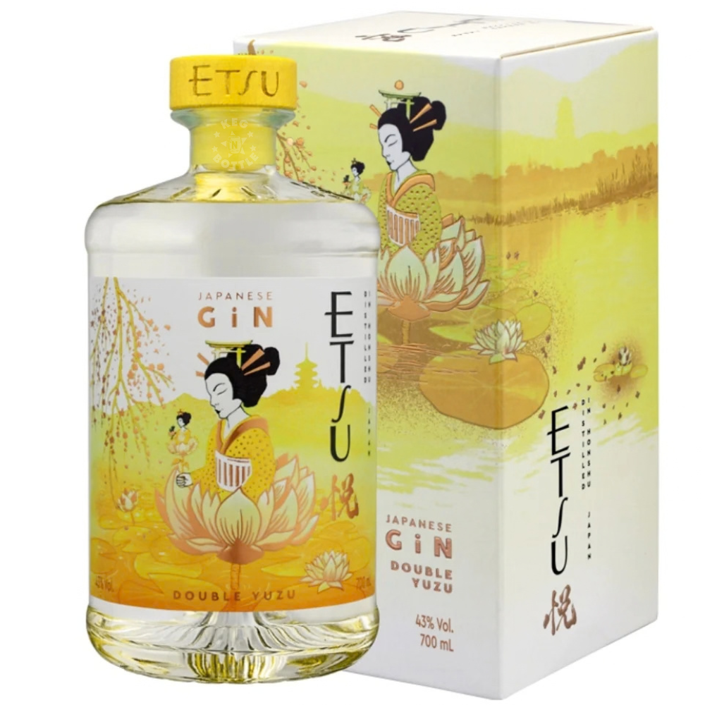 ETSU Double Yuzu Handcrafted Japanese Gin 700mL bottle featuring traditional Japanese artwork and a vibrant yuzu citrus expression from Akita, Japan.