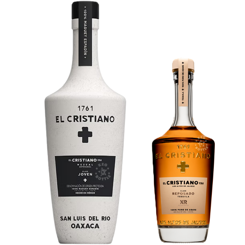 El Cristiano Mezcal & Reposado XR Bundle featuring Joven Maguey Espadín Mezcal 750mL and Reposado XR Tequila 200mL bottles.