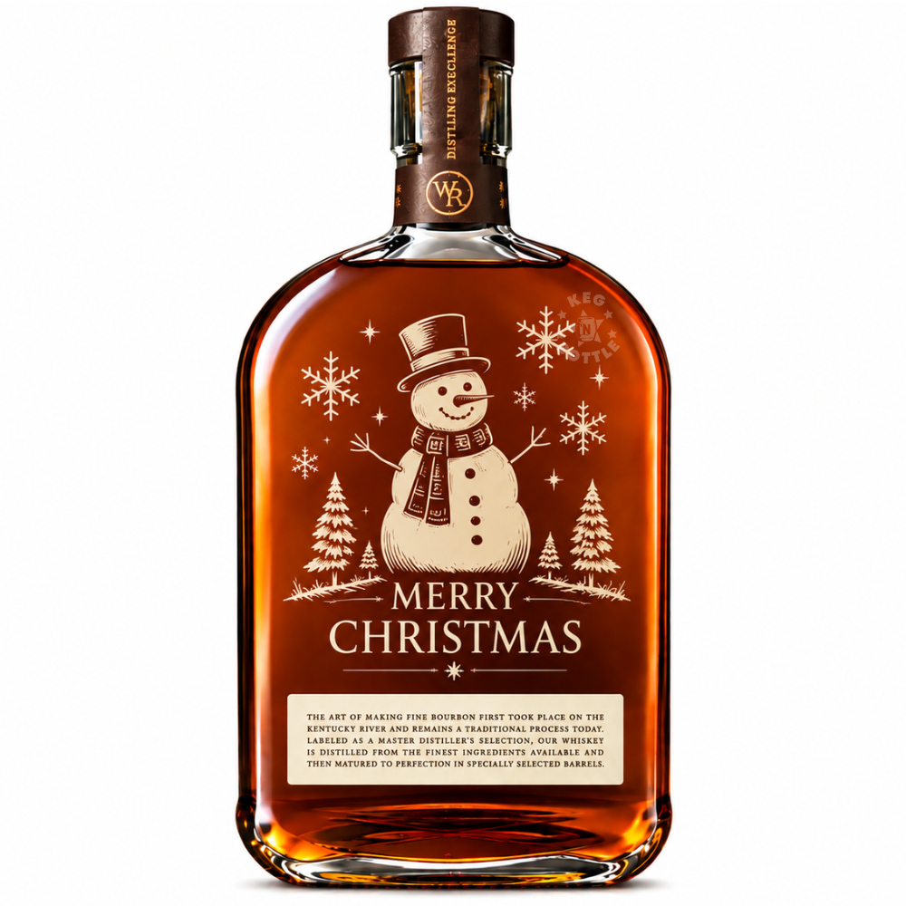 Engraved Christmas Woodford Reserve Bourbon Whiskey 750mL featuring Snowman engraving designs.