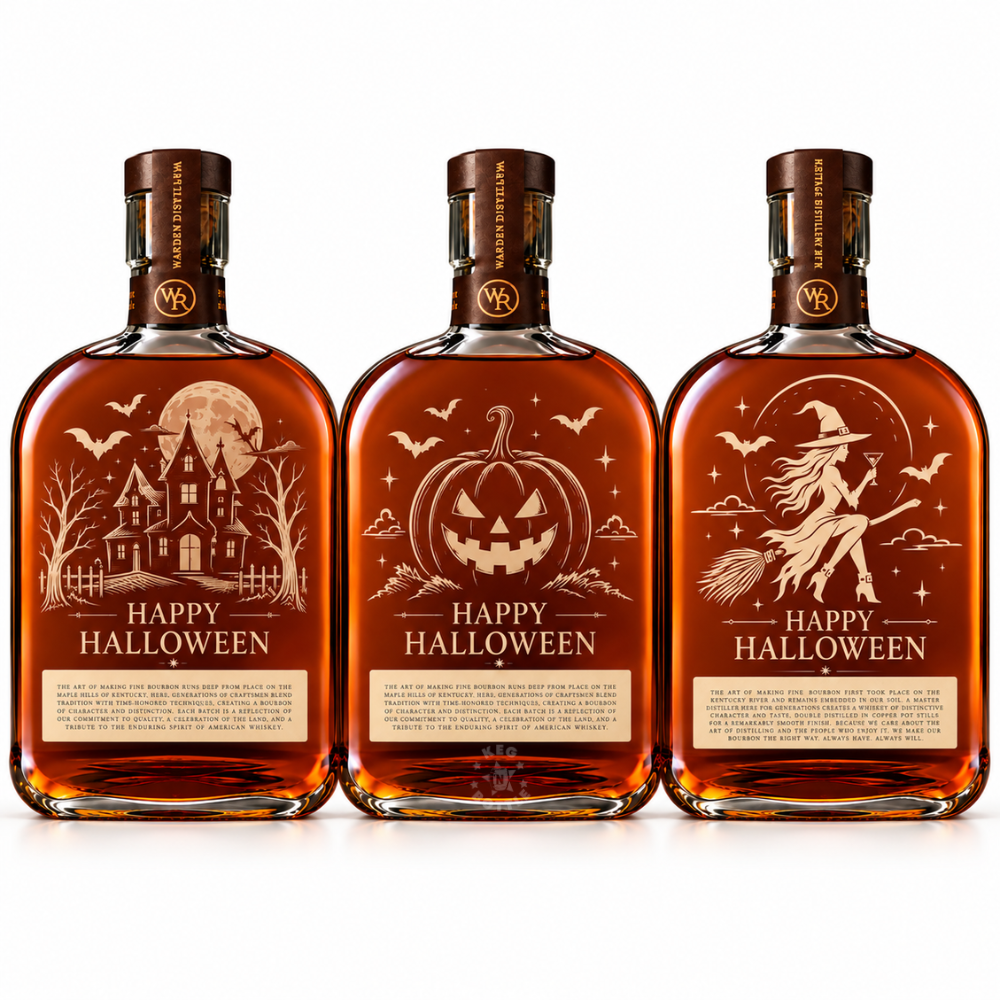 Engraved Halloween Woodford Reserve Bourbon Whiskey 750mL featuring Witch, Pumpkin, and Haunted House seasonal engraving designs.