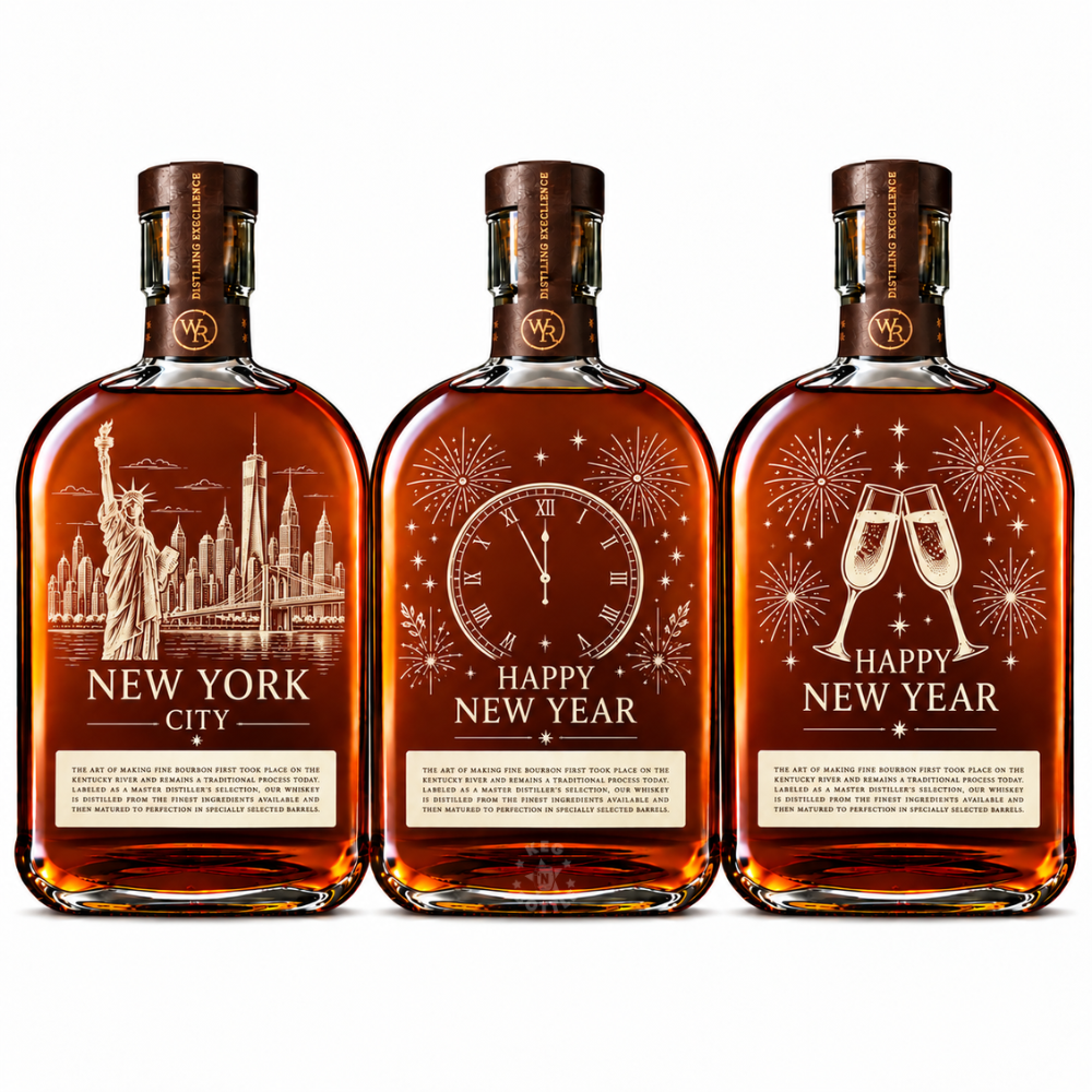 Engraved New Year Woodford Reserve Bourbon Whiskey 750mL featuring Champagne Glasses, Countdown Clock, and New York Skyline designs.