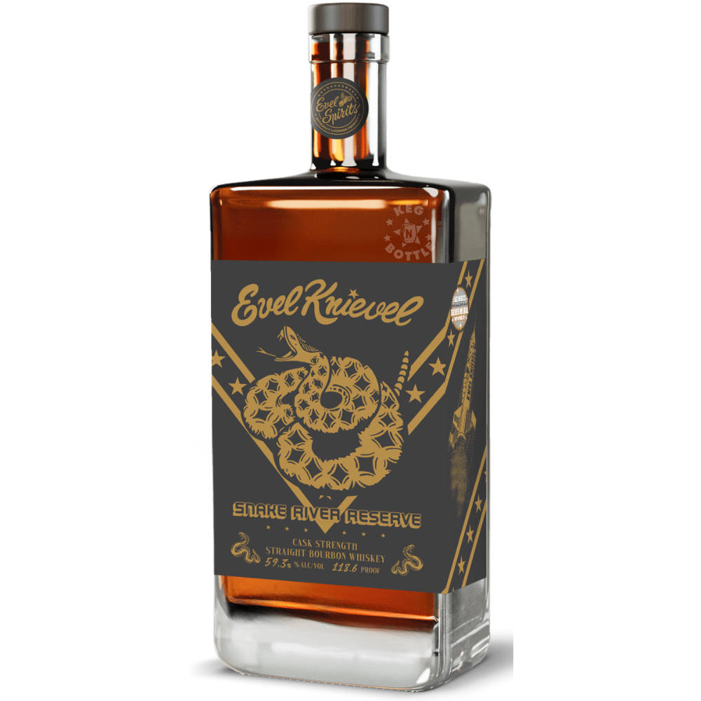 Evel Knievel Snake River Reserve Cask Strength Straight Bourbon Whiskey 750mL bottle at 59.3% ABV and 118.6 proof.