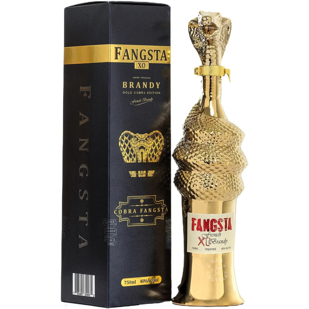 Fangsta XO French Cobra Brandy 750mL in an ornate gold cobra-inspired collectible bottle.