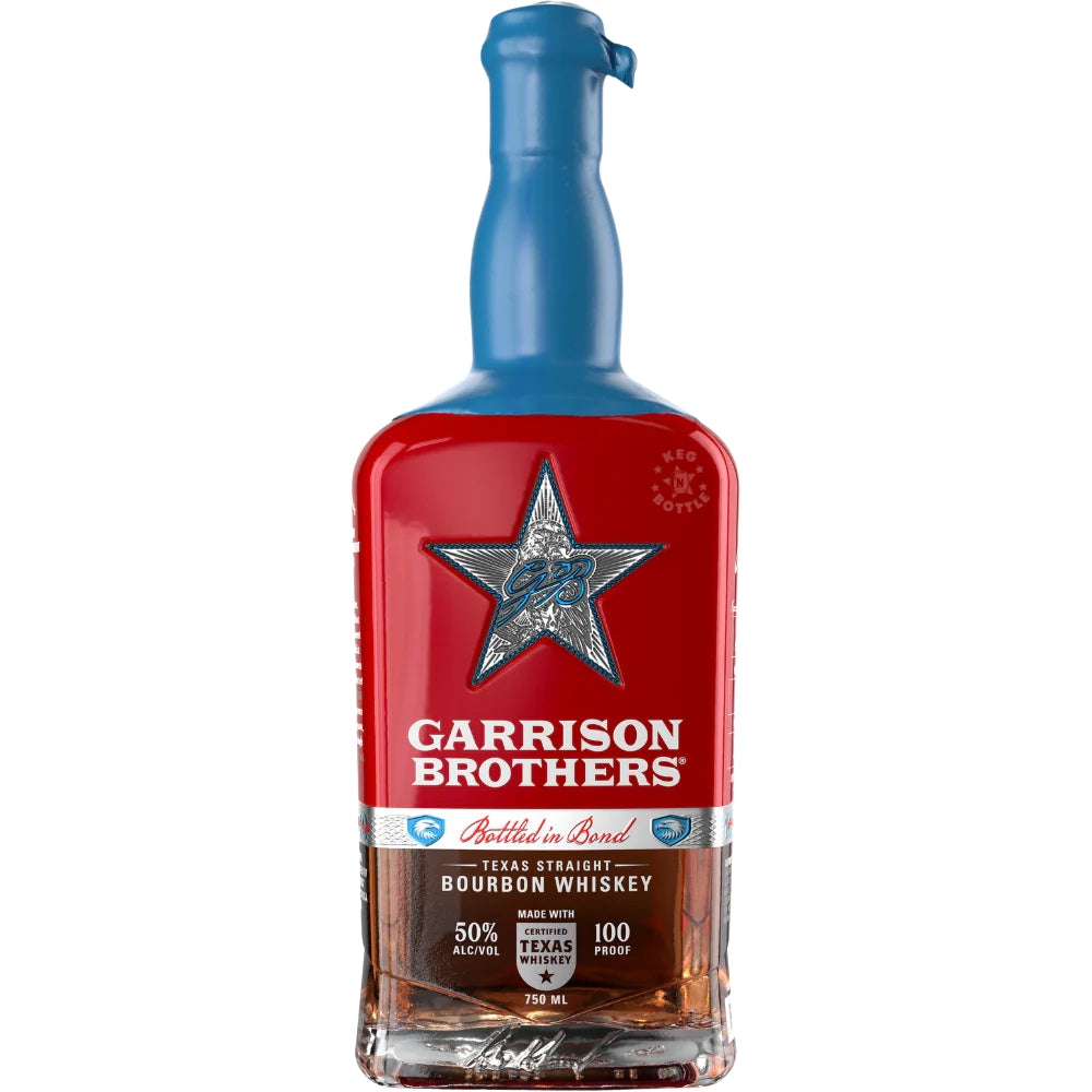 Garrison Brothers Bottled in Bond Texas Straight Bourbon Whiskey 750 ml bottle with red label and silver star emblem