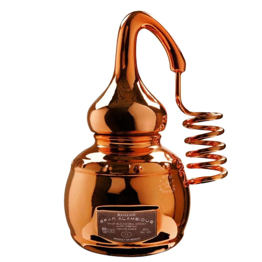Gran Alambique Extra Añejo Tequila 750mL in a copper-colored sculptural bottle shaped like a traditional distillation still with a spiral condenser.