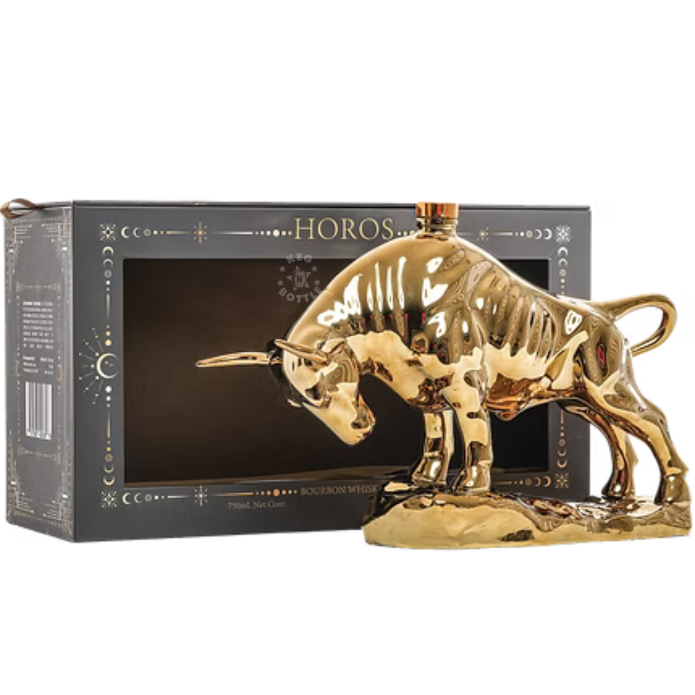 HOROS Longhorn Limited Edition Bourbon Whiskey 750mL in a collectible golden longhorn bull decanter with decorative luxury presentation box, 40% ABV and 80 proof.