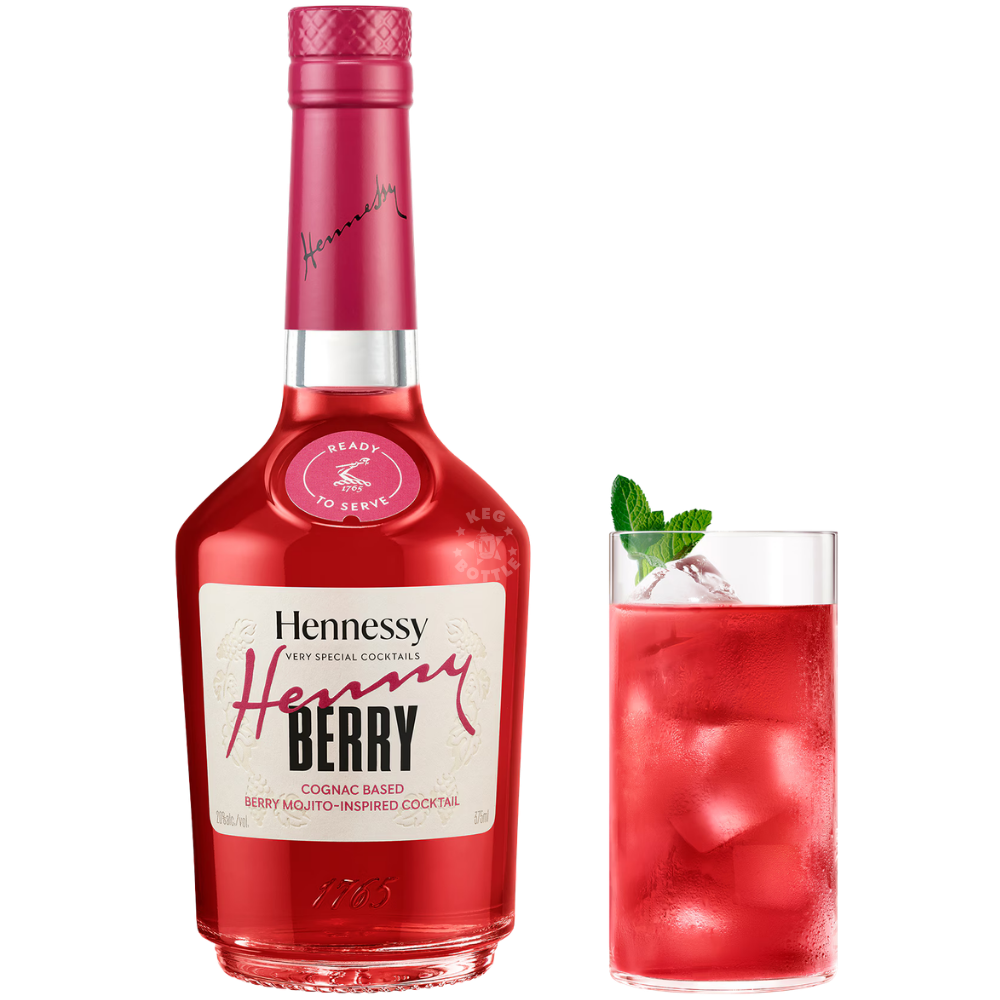 Hennessy Very Special Cocktails Henny Berry 375mL bottle with a Berry Mojito-inspired ready-to-serve cocktail featuring blackberry, blackcurrant, lime, mint, and Hennessy Very Special Cognac.