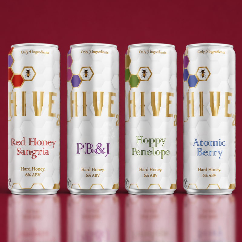 Hive Hard Honey Variety Bundle featuring Red Honey Sangria, PB&J, Hoppy Penelope, and Atomic Berry 355mL cans. 2