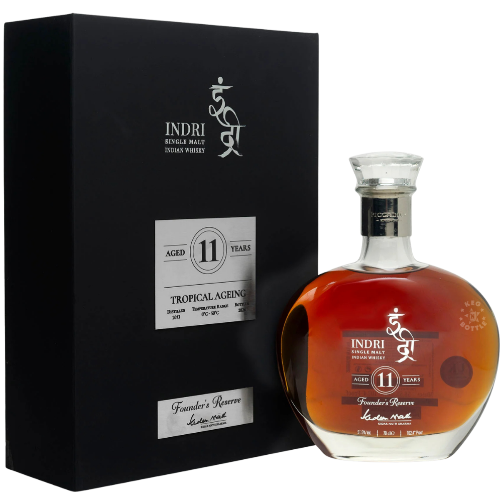 Indri Founder’s Reserve 11 Year Tropical Aging Extremely Limited Edition Indian Single Malt Whisky 750mL bottle with presentation box.
