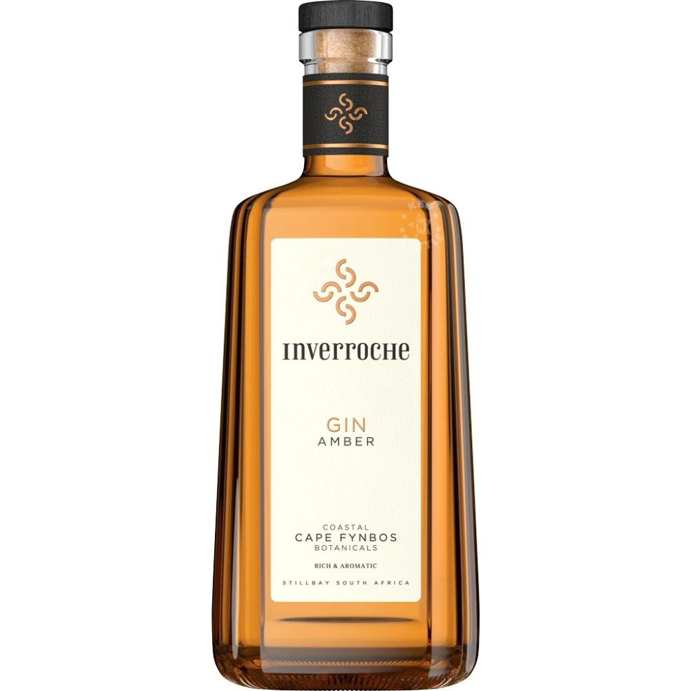 Inverroche Amber Gin 750mL bottle featuring rich amber-colored South African craft gin, an elegant cream label with gold botanical emblem, and distinctive black cap, crafted with coastal Cape fynbos botanicals.