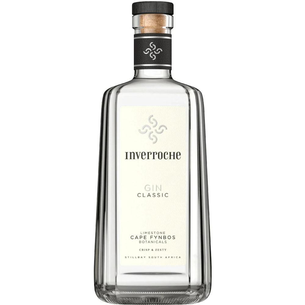 Inverroche Classic Gin 750mL clear glass bottle featuring a cream label with silver botanical emblem, black cap, and distinctive limestone Cape fynbos botanical gin branding from Still Bay, South Africa.