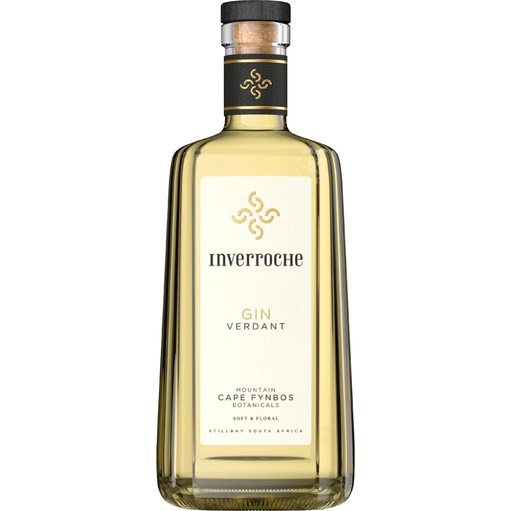 Inverroche Verdant Gin 750mL bottle featuring pale golden South African craft gin, an elegant cream label with gold botanical emblem, black cap with gold accents, and distinctive mountain Cape fynbos botanical gin branding from Still Bay, South Africa.