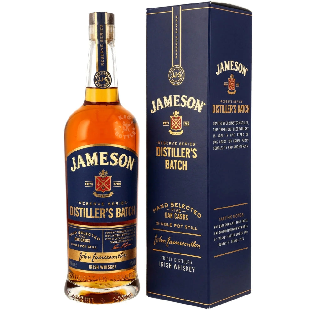 Jameson Distiller’s Batch Irish Whiskey 750mL bottle with presentation box featuring hand-selected oak cask maturation.