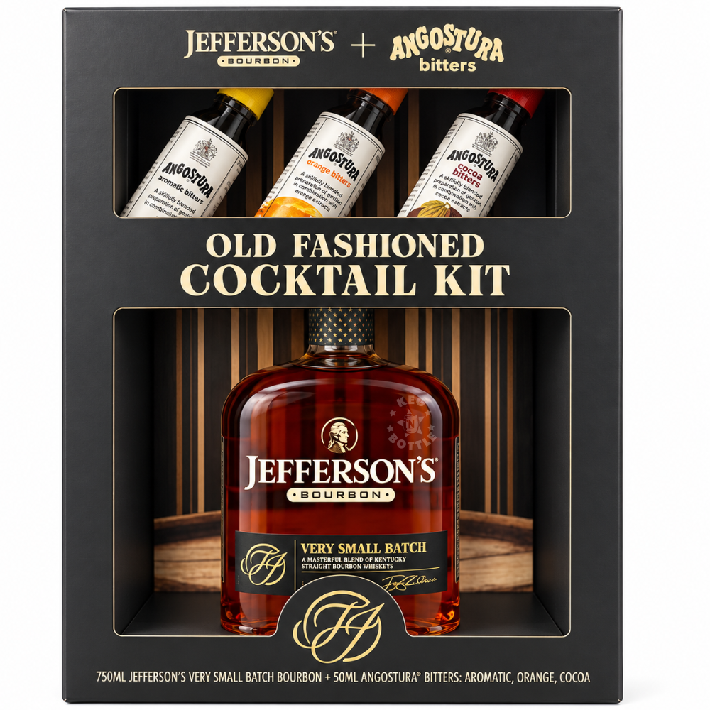 Jefferson's Very Small Batch Bourbon Old Fashioned Cocktail Gift Set featuring one 750mL bourbon bottle and three 50mL Angostura Aromatic, Orange, and Cocoa Bitters bottles in a black and gold gift box.