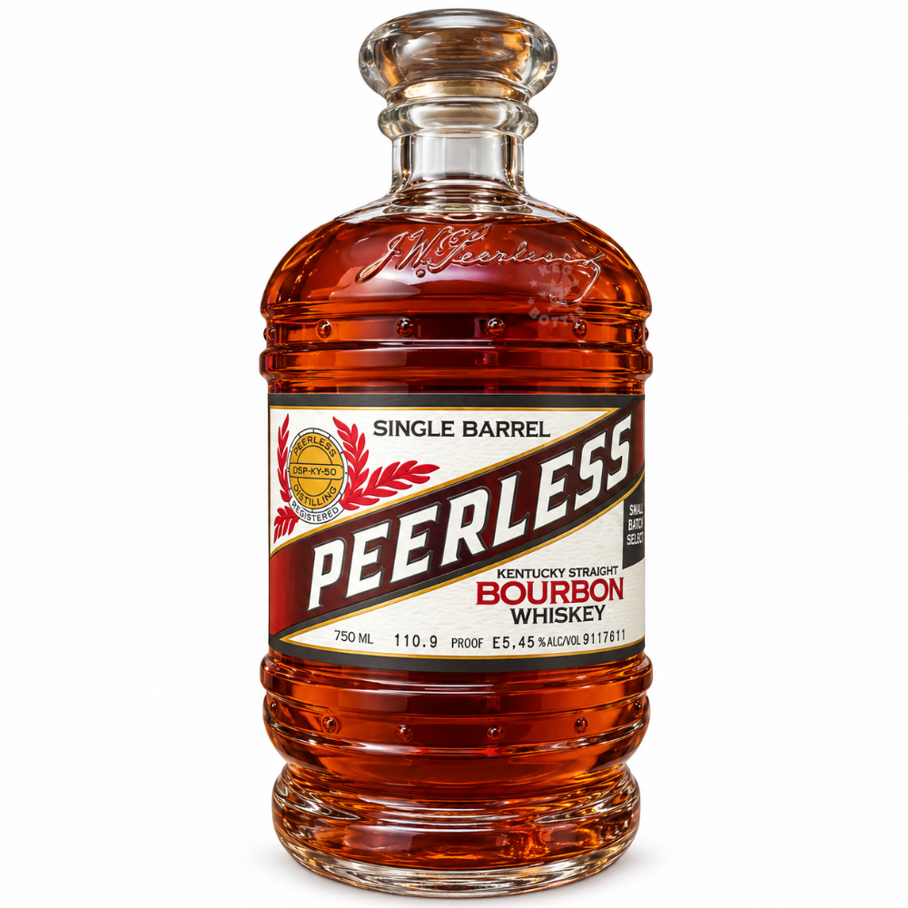 Kentucky Peerless Single Barrel Straight Bourbon Whiskey 750mL bottle, barrel proof and non-chill filtered. Barrel number, proof, and label design may vary depending on availability.