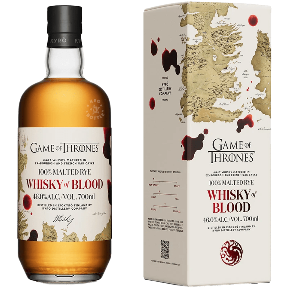 Kyrö Game of Thrones Whisky of Blood 100% Malted Rye Whisky 700mL bottle with collectible Game of Thrones presentation box, matured in ex-bourbon and French oak casks and bottled at 46.8% ABV.