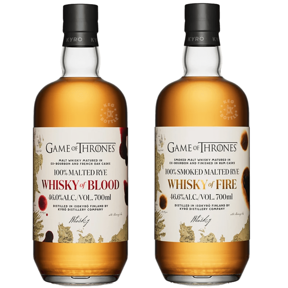 Kyrö Game of Thrones Whisky of Blood and Whisky of Fire 2 x 700mL bundle featuring two Finnish malted rye whisky bottles with collectible Game of Thrones presentation boxes.