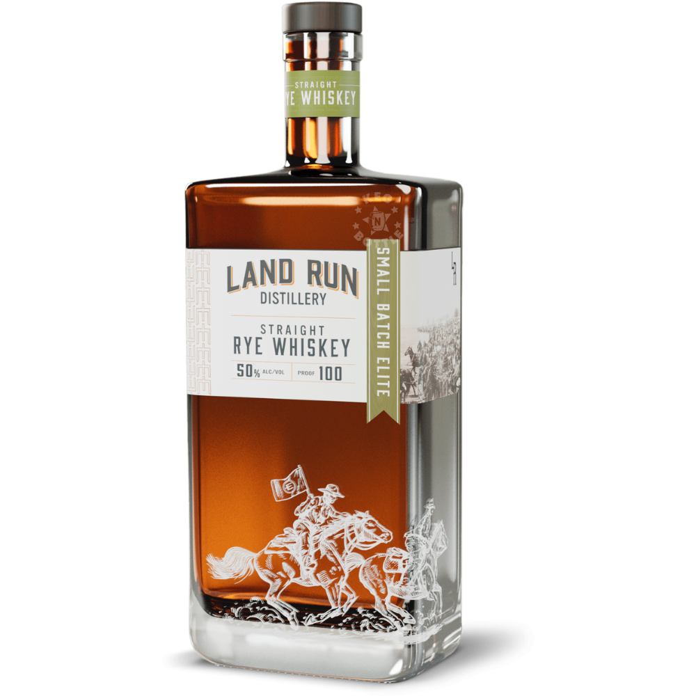 Land Run Small Batch Elite Straight Rye Whiskey 750mL bottle, crafted with a 65% rye mash bill and bottled at 100 proof.
