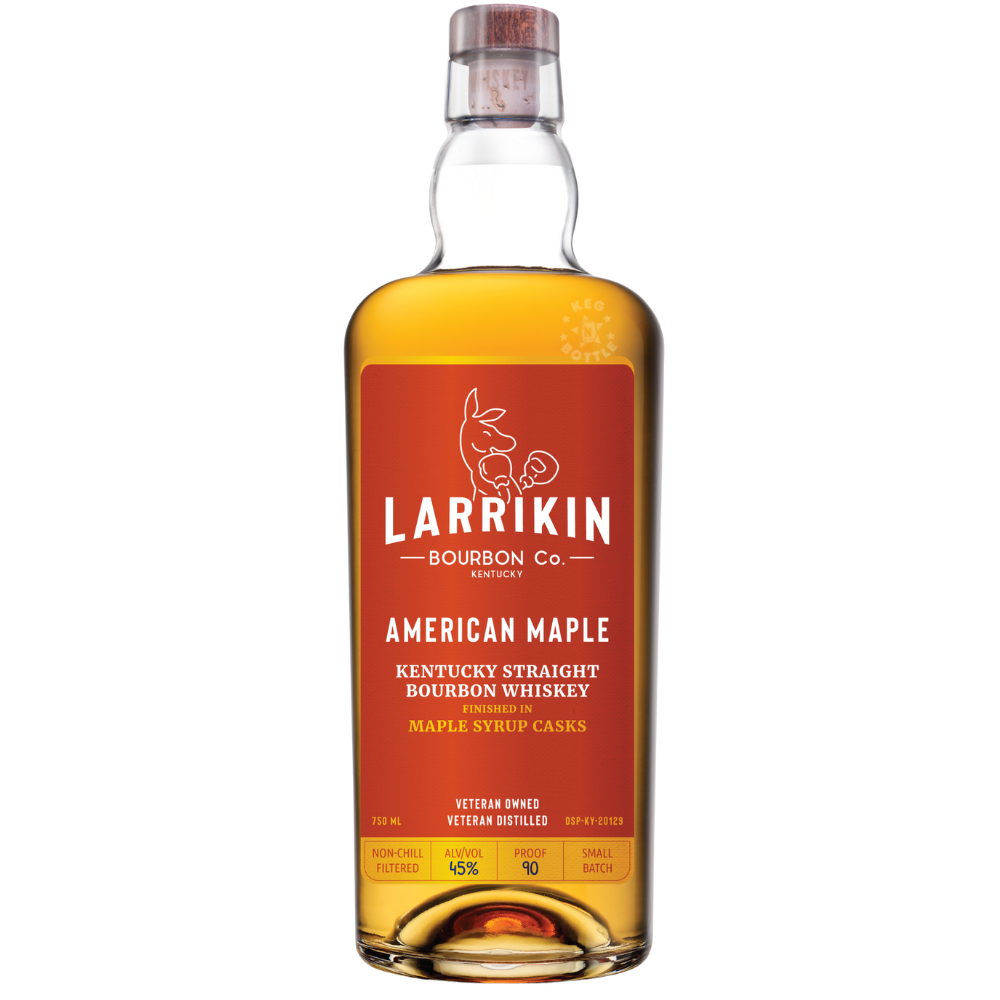 Larrikin American Maple 6 Year Old Kentucky Straight Bourbon Whiskey 750mL bottle with red and gold label, finished in maple syrup casks and bottled at 90 proof.