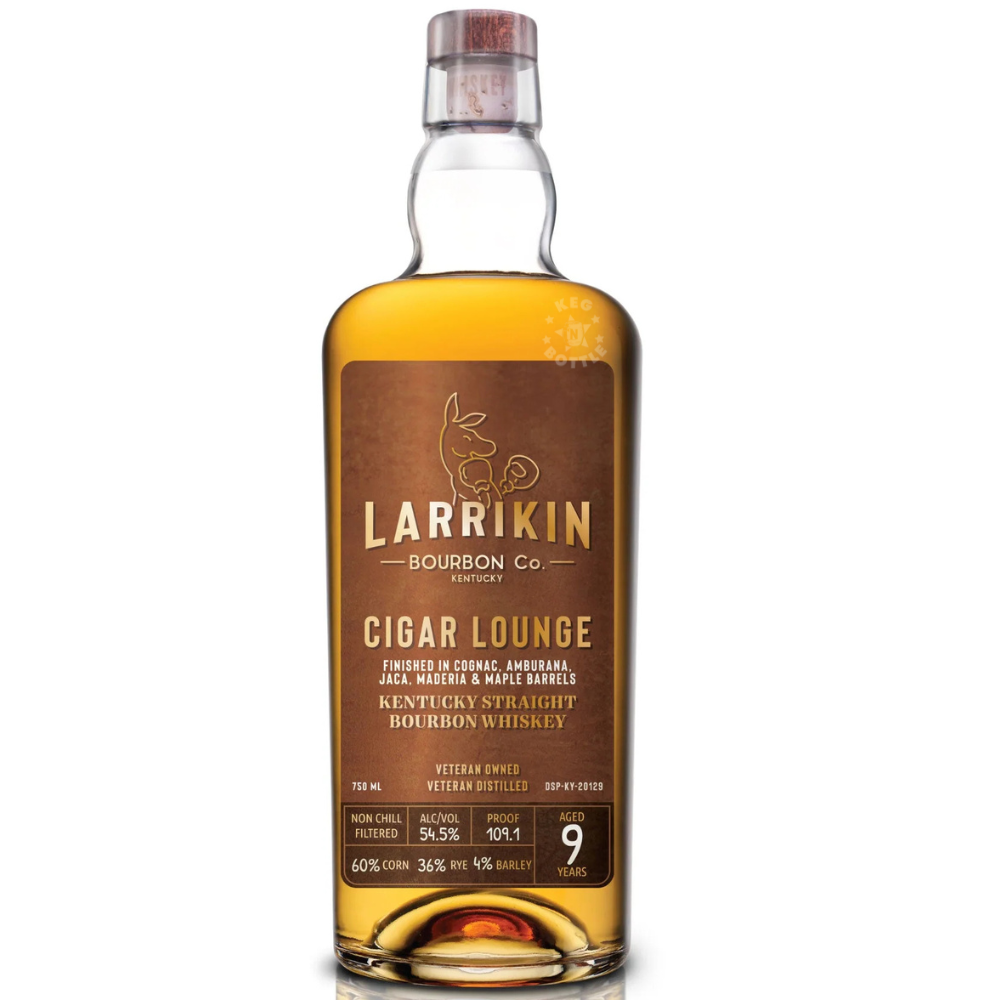 Larrikin Cigar Lounge 9 Year Old Kentucky Straight Bourbon Whiskey 750mL bottle, finished in Cognac, Amburana, Jamaican Madeira, and maple barrels, bottled at 109.1 proof.