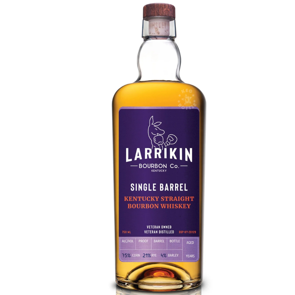 Larrikin Single Barrel 9 Year Old Kentucky Straight Bourbon Whiskey 750mL bottle featuring a purple label and premium nine-year-aged Kentucky bourbon.