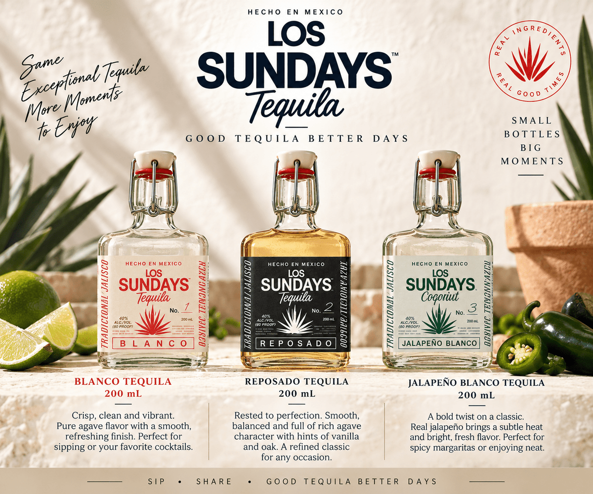 Los Sundays Tequila Trio featuring Blanco, Reposado and Jalapeño Blanco Tequila in three 200mL bottles. 2