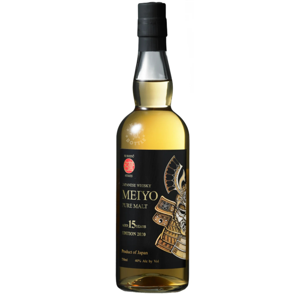 Meiyo 15 Year Old Pure Malt Japanese Whisky 750mL bottle, Edition 2020, featuring amber whisky, a dark label with gold samurai-inspired artwork, and a decorative neck seal.