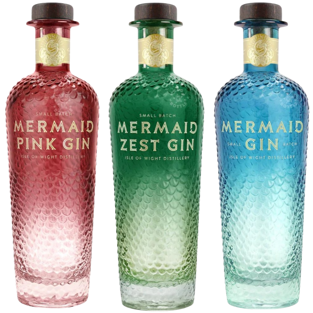 Mermaid Gin Collection Combo Pack featuring Mermaid Gin, Mermaid Zest Gin, and Mermaid Pink Gin 750mL bottles.