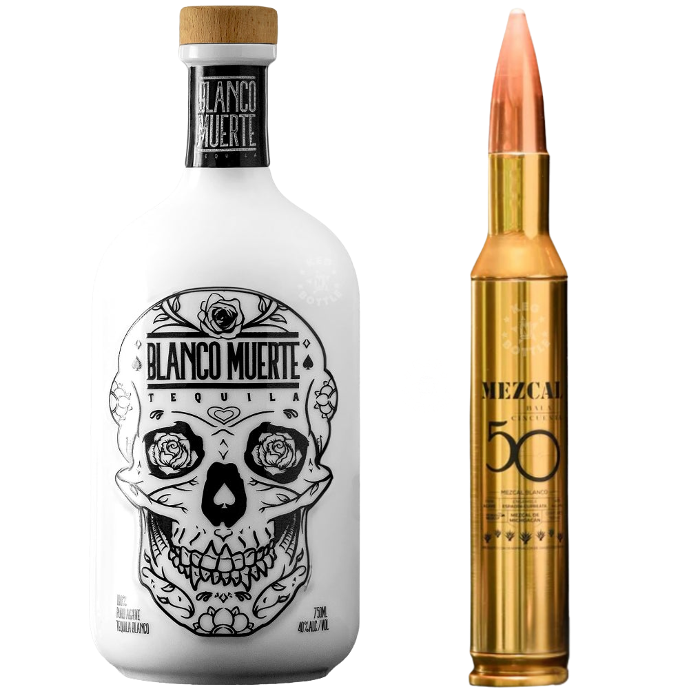 Mezcal Shot Bala bullet-shaped mezcal bottle with Blanco Muerte skull design tequila bottle bundle