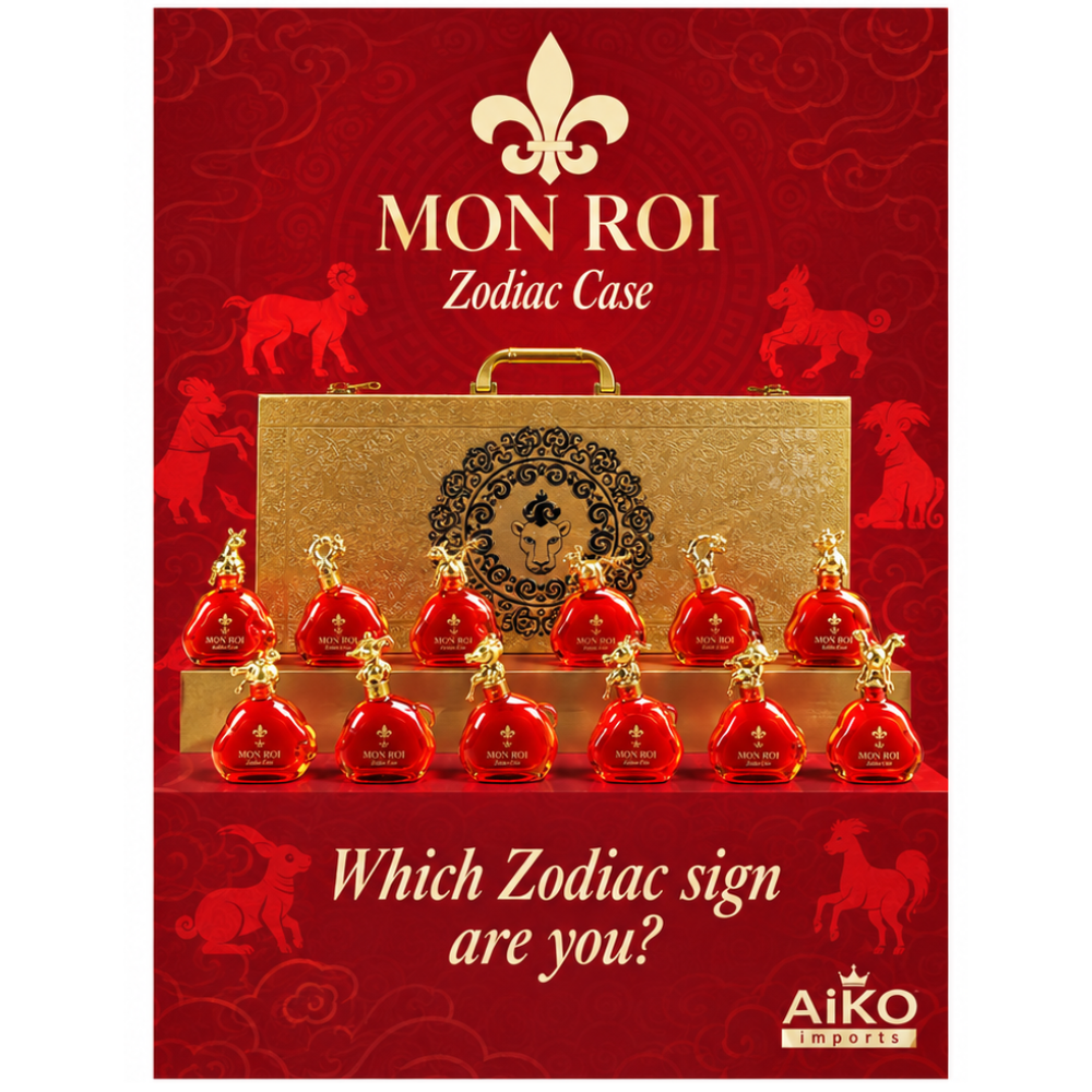 Mon Roi Zodiac XO Brandy Case with twelve 100mL French XO Brandy zodiac bottles presented in a custom gold carrying case.