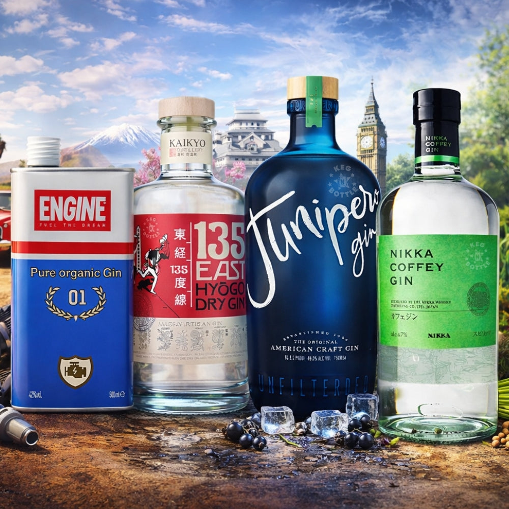 Nikka Coffey Gin, 135 East Hyogo Dry Gin, Junipero Gin, and Engine Organic Gin bottles displayed together as a premium combo pack 2