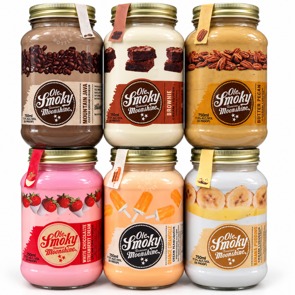 Ole Smoky Cream Liqueur Variety Combo Pack featuring six 750mL mason jars of Mountain Java, Brownie, Butter Pecan, White Chocolate Strawberry, Orange Shinesicle, and Banana Pudding.