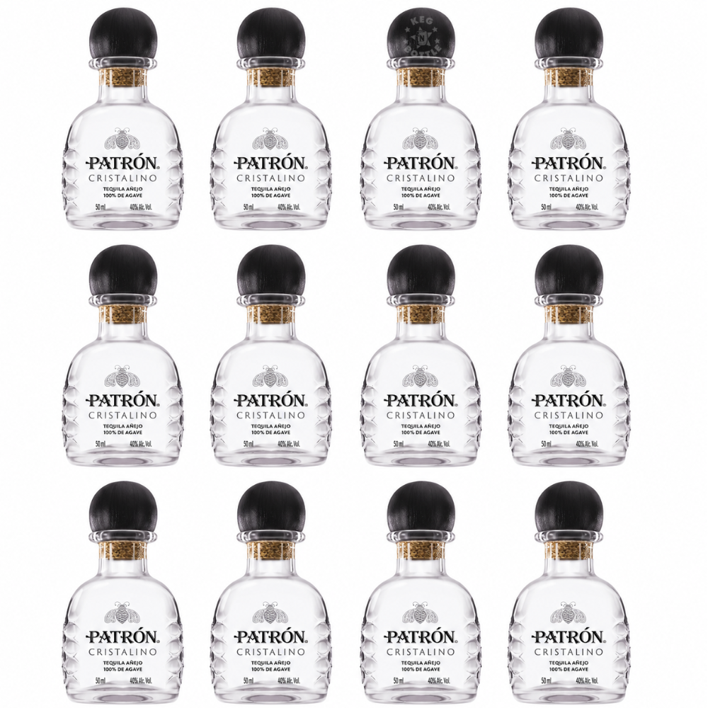 Patrón Cristalino Añejo Tequila 12-pack of 50mL miniature bottles featuring crystal-clear aged tequila with a black rounded cap.