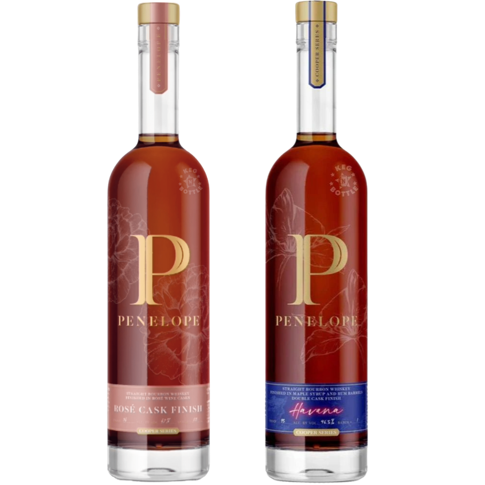 Penelope Cooper Series Bundle featuring Penelope Rosé Cask Finish Bourbon and Penelope Havana Bourbon Cuban Rum Barrel Whiskey, two 750mL bottles.