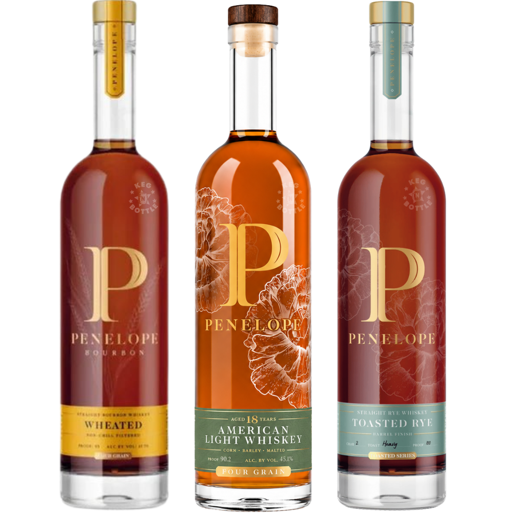 Penelope Whiskey Collection Bundle featuring Penelope Wheated Straight Bourbon Whiskey, Penelope Toasted Barrel Rye, and Penelope 18 Year American Light Whiskey Limited Release, three 750mL bottles.