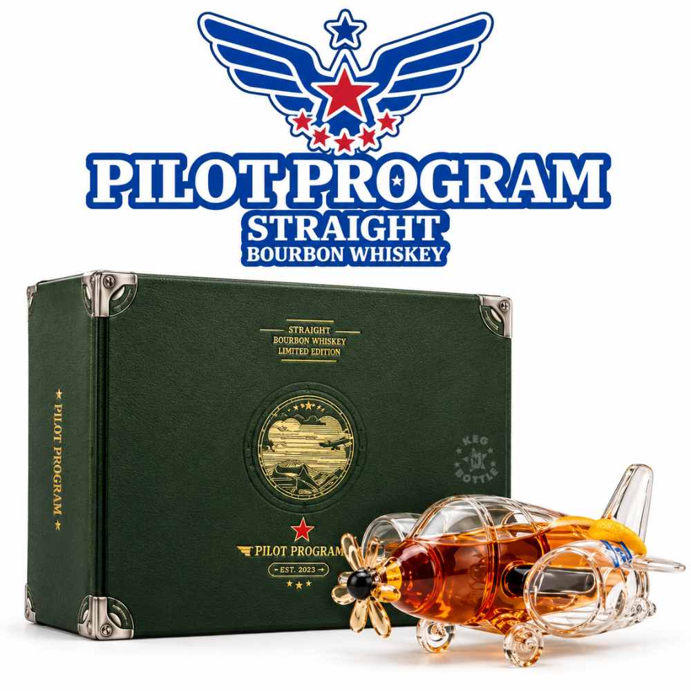 Pilot Program Straight Bourbon Whiskey Collector’s Edition featuring an airplane-shaped whiskey decanter with premium green aviation-themed presentation case.