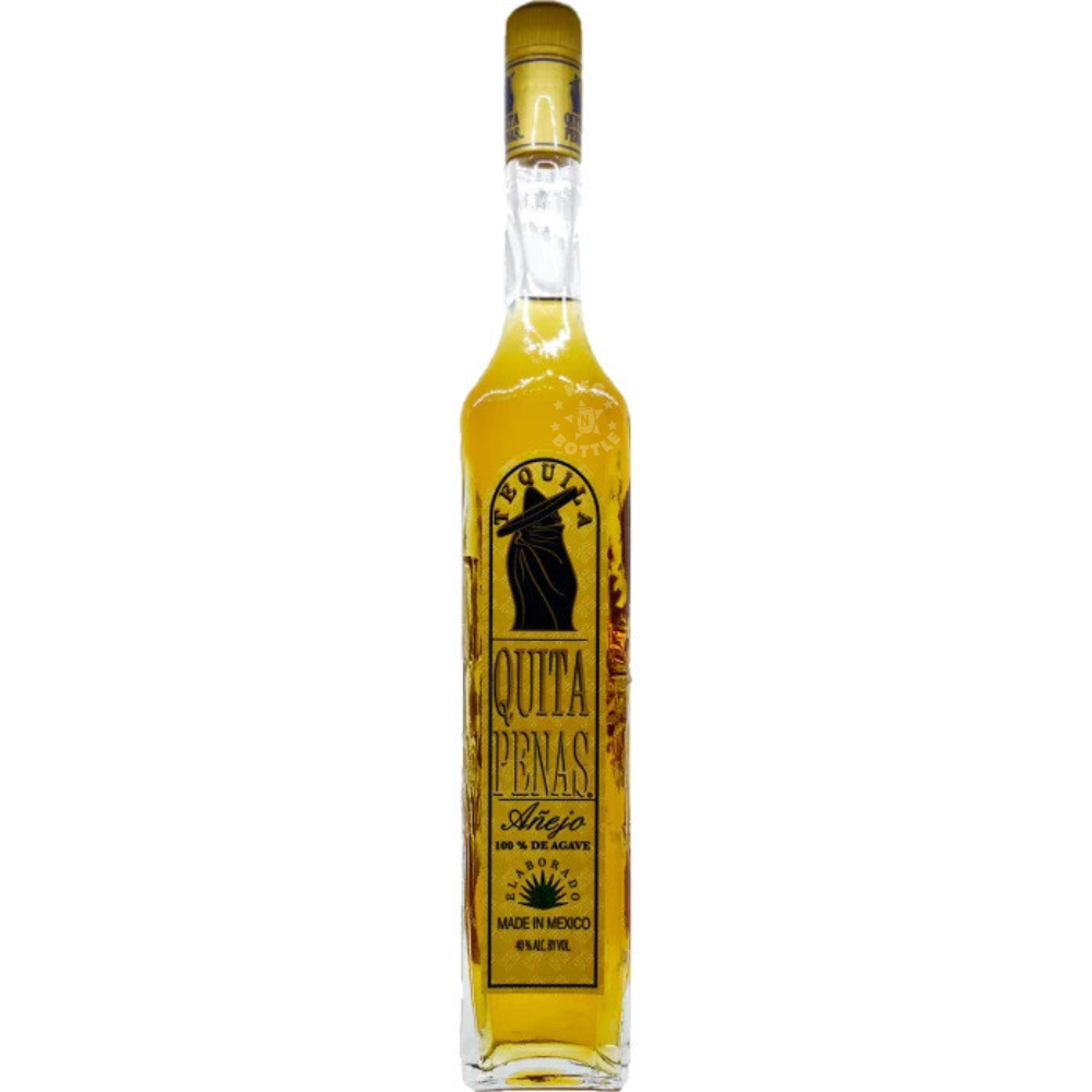 Quita Penas Tequila Añejo 1L in a tall traditional bottle with gold label and cap | Keg N Bottle.