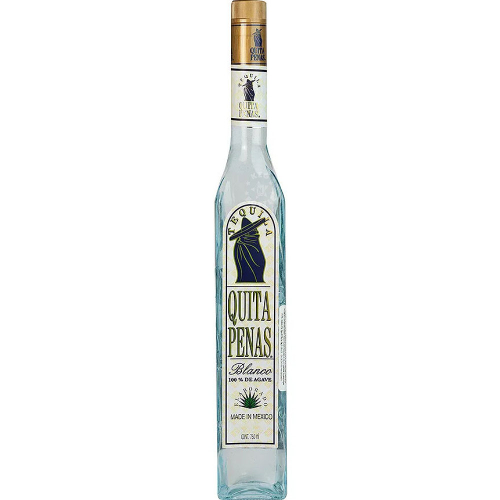 Quita Penas Tequila Blanco 1L in a tall clear bottle with traditional white and black label | Keg N Bottle.