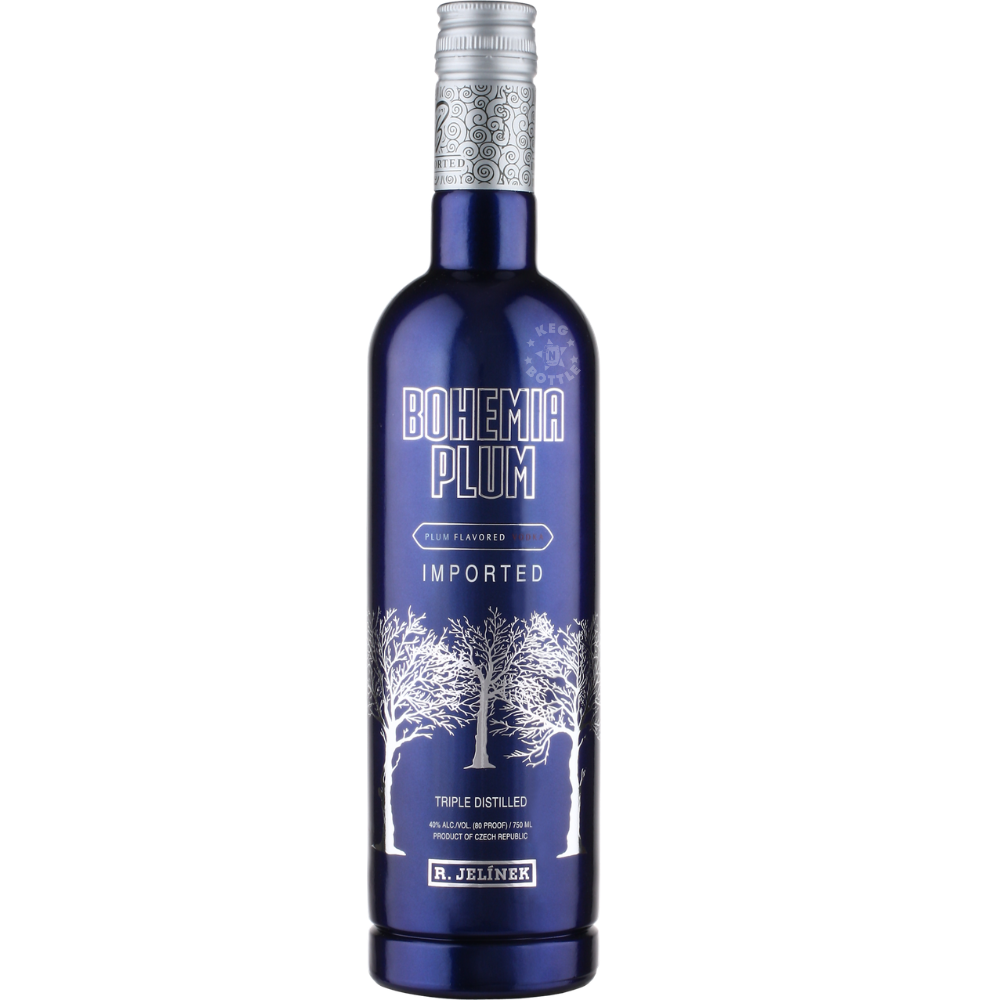 R. Jelinek Bohemia Plum Flavored Vodka 750mL bottle, triple distilled and imported from the Czech Republic.