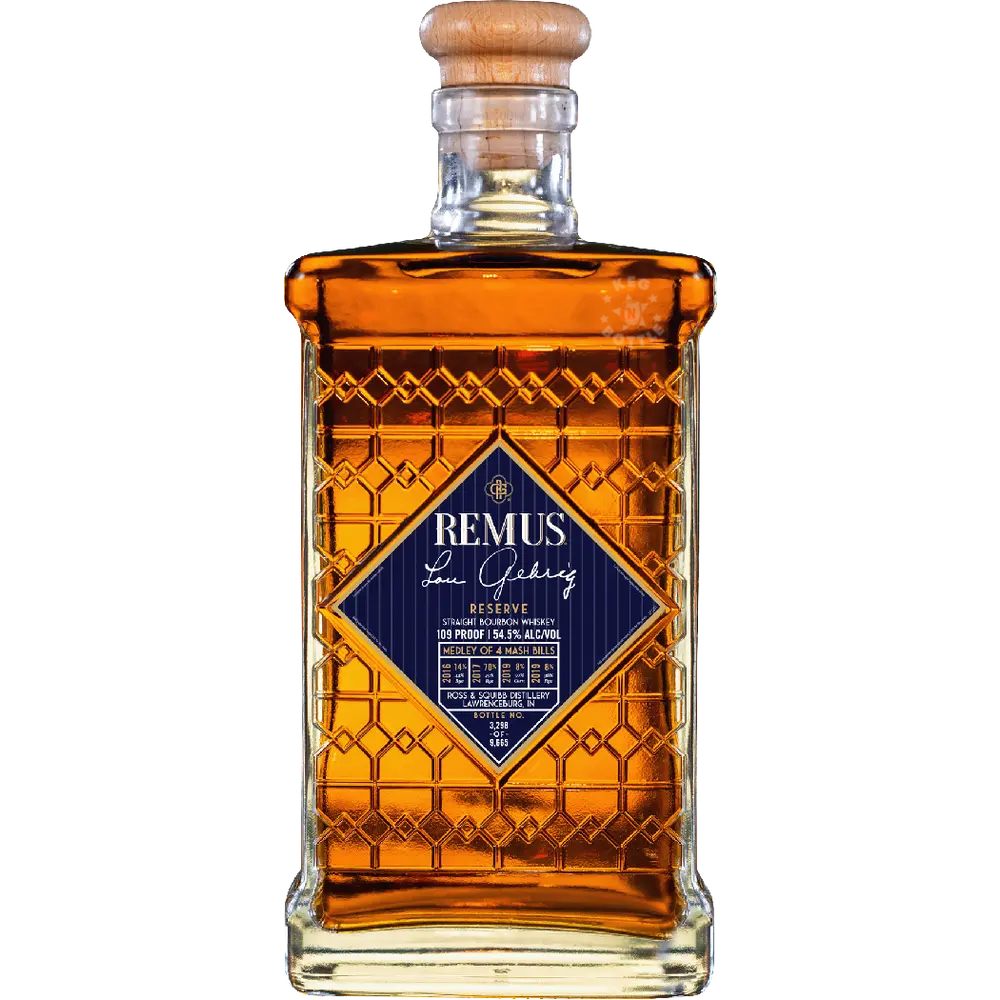 Remus Lou Gehrig Reserve Limited Edition Straight Bourbon Whiskey 750mL bottle featuring a commemorative blue and gold label, 109 proof, and individually numbered collector's release.