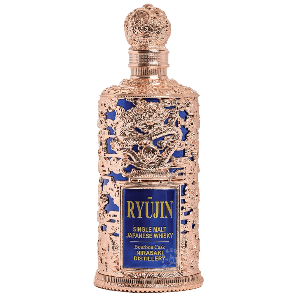 Ryujin Bourbon Cask Single Malt Japanese Whisky 750mL bottle from Mirasaki Distillery featuring an ornate metallic dragon design, deep blue accents, and decorative stopper.