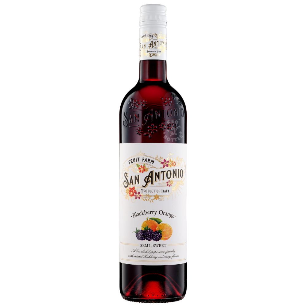 San Antonio Fruit Farm Blackberry Orange Semi-Sweet Wine 750mL bottle with natural blackberry and orange flavors.