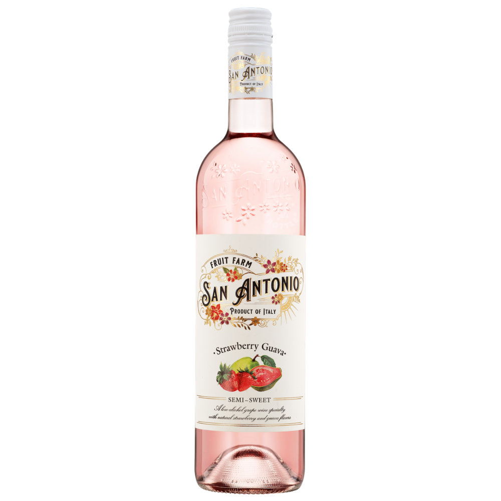 San Antonio Fruit Farm Strawberry Guava Semi-Sweet Wine 750mL bottle with natural strawberry and guava flavors.